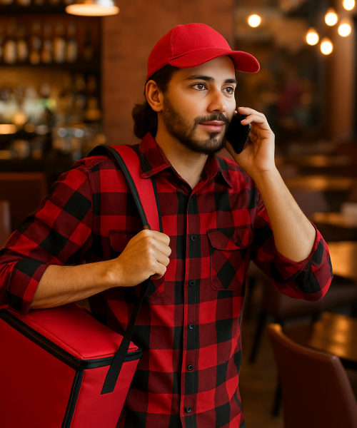 repartidor de Nextbite hablando con un cliente